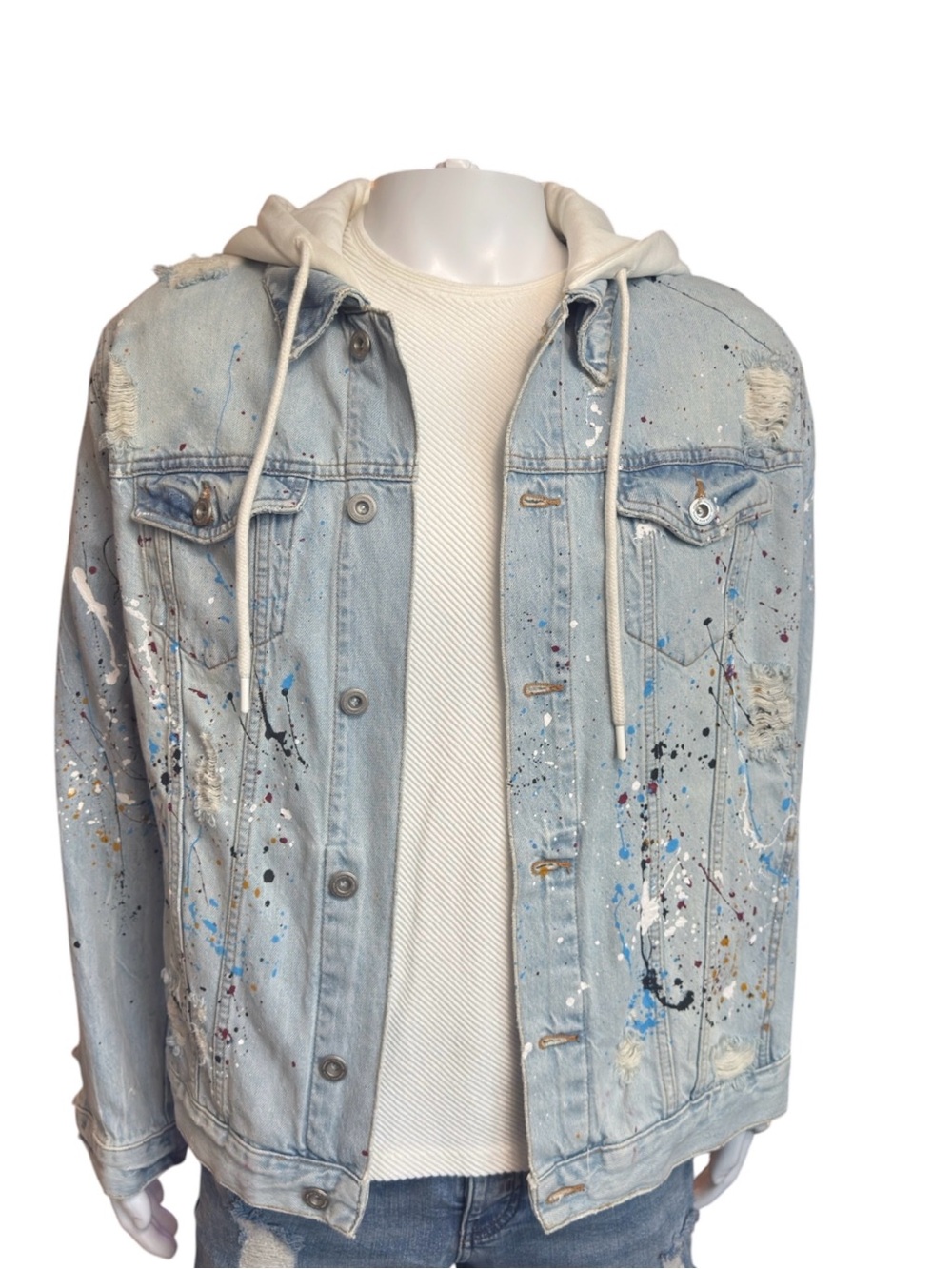 ZARA Men Light Wash Distressed Paint-Splatter Denim Jacket with Hood
